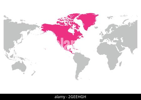 Continente nordamericano rosa segnato in grigio silhouette della mappa America Centered World. Semplice illustrazione vettoriale piatta. Illustrazione Vettoriale