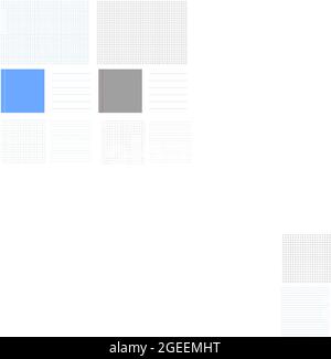 Impostare sfondi vettoriali vuoti per le griglie scolastiche. Griglia di carta quadrata. La linea orizzontale larga nota è vuota. Promemoria note, elenco attività. Illustrazione Vettoriale