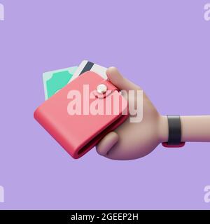 Astuccio da cartoon con banconote e carta di credito su sfondo viola. Semplice illustrazione di rendering 3d con ombre morbide. Foto Stock