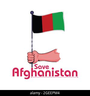 Salva Afghanistan segno, tenendo la bandiera dell'Afghanistan in mano. Illustrazione Vettoriale