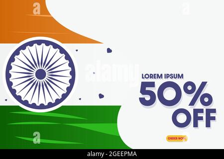Illustrazione vettoriale dell'offerta del giorno della Repubblica del 26 gennaio creazione di un modello di base per la vendita con il 50% di sconto. 15 agosto Happy Independence Day India 50% Illustrazione Vettoriale