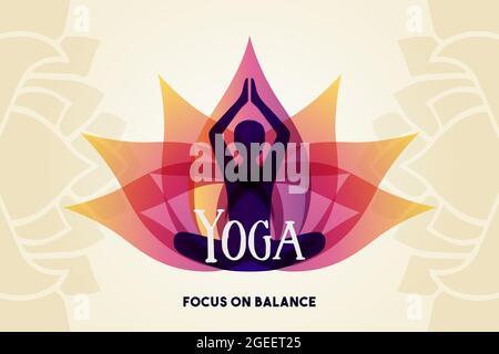 Yoga Balance banner web illustrazione del corpo donna silhouette fare meditazione posa con fiore di loto. Illustrazione Vettoriale