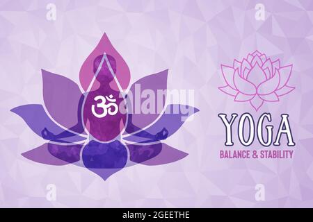 Yoga Balance banner web illustrazione della silhouette corpo donna FIT facendo meditazione posa con fiore di loto. Illustrazione Vettoriale