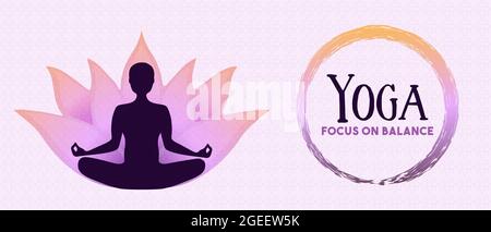 Yoga Balance banner web illustrazione del corpo donna silhouette fare meditazione posa con fiore di loto. Illustrazione Vettoriale