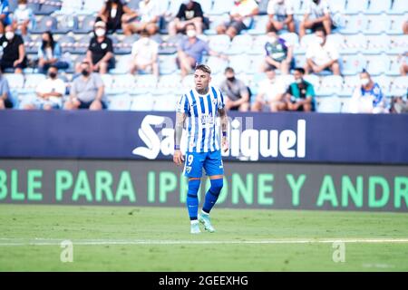 Malaga, Spagna. 16 agosto 2021. Brandon Thomas di Malaga CF visto durante la partita di calcio la Liga Smartbank 2021/2022 tra Malaga CF e CD Mirandes allo stadio la Rosaleda di Malaga.(Punteggio finale; Malaga CF 0:0 CD Mirandes) Credit: SOPA Images Limited/Alamy Live News Foto Stock