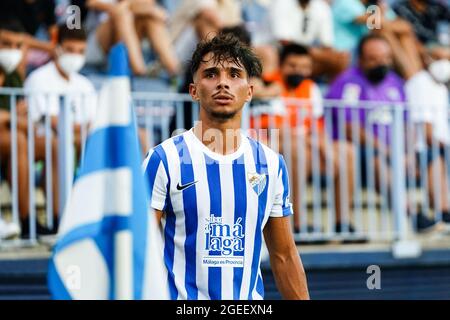 Malaga, Spagna. 16 agosto 2021. Kevin Villodres di Malaga CF visto durante la partita di calcio la Liga Smartbank 2021/2022 tra Malaga CF e CD Mirandes allo stadio la Rosaleda di Malaga.(punteggio finale; Malaga CF 0:0 CD Mirandes) Credit: SOPA Images Limited/Alamy Live News Foto Stock