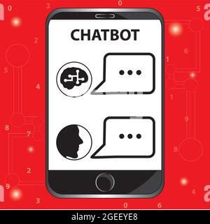 Icona della tecnologia chatbot, chatbot nel cervello, finestra di dialogo chatbot con messaggi automatici sullo schermo dello smartphone helpdesk Illustrazione Vettoriale
