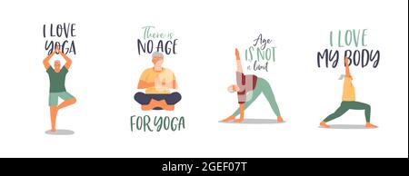 Le persone anziane che fanno yoga pone con citazioni motivazionali e messaggi di ispirazione positiva. Concetto di stile di vita sano per l'età degli anziani. Illustrazione Vettoriale