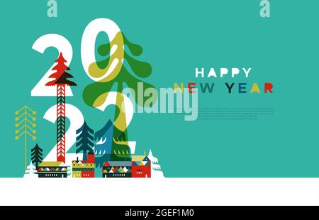 Happy New Year 2022 web template illustration, moderno villaggio invernale in stile scandinavo geometrico piatto con pino, case di natale e copia sp Illustrazione Vettoriale