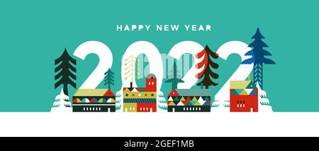 Felice anno nuovo 2022 biglietto d'auguri illustrazione, moderno villaggio invernale in piano geometrico stile scandinavo con pino festivo e case di natale Illustrazione Vettoriale