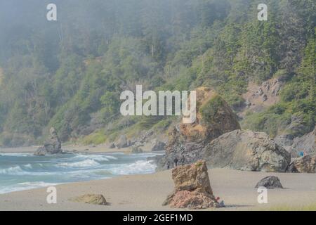 La costa rocciosa di Trinidad state Beach sull'Oceano Pacifico nella contea di Humboldt, California Foto Stock