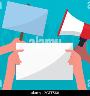 protesta design con megafono e cartelli Illustrazione Vettoriale