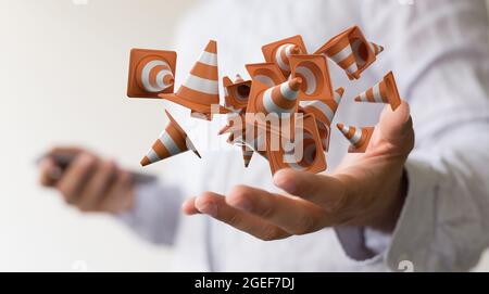 Rendering in 3D di coni di traffico fluttuanti rispetto al concetto di costruzione di un cantiere per le mani di un uomo d'affari Foto Stock