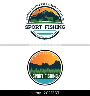 Caccia pesca all'aperto trekking ricreazione foresta logo design Illustrazione Vettoriale