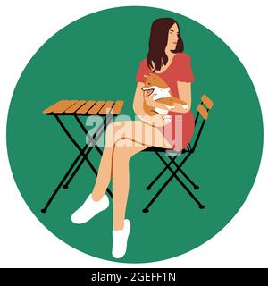 Ragazza giovane carina con shiba inu razza cane sedersi al tavolo in cafe vettore cartoon illustrazione piatta. Un personaggio con un animale domestico. Isolato su sfondo bianco. Illustrazione Vettoriale