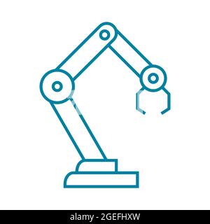 Icona blu della linea del braccio robotizzato. Processo di automazione nell'industria. Innovazione e intelligenza artificiale. Simbolo del robot meccanico di fabbrica. Vettore, contorno. Illustrazione Vettoriale