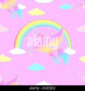 Silhouette volanti unicorns motivo senza cuciture. le silhouette pegasus rosa e blu su sfondo rosa con arcobaleno. Illustrazione vettoriale. Illustrazione Vettoriale