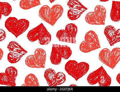Pattern senza giunture a cuore rosso. Pittura a olio pastello. Grunge i cuori su sfondo bianco. Illustrazione vettoriale Illustrazione Vettoriale