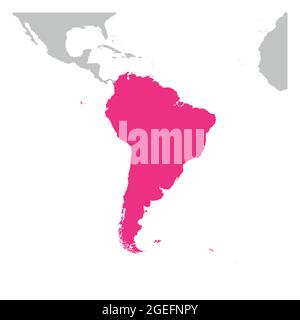 Continente sudamericano rosa segnato in grigio silhouette della mappa del mondo. Semplice illustrazione vettoriale piatta. Illustrazione Vettoriale