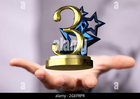 Mano maschile che tiene un rendering 3D di un premio al 3° posto con uno sfondo sfocato Foto Stock