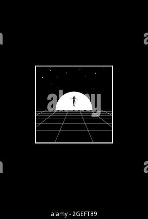 T-shirt e abbigliamento con griglia prospettica, sole all'orizzonte, silhouette uomo levitate e cielo stellato. L'estetica degli anni '80. Nero Illustrazione Vettoriale