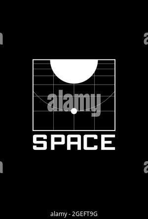 T-shirt Space e design di abbigliamento con l'estetica spaziale degli anni '80. Griglia retroffuturistica con il pianeta e il suo satellite sull'orbita. Bianco e nero Illustrazione Vettoriale