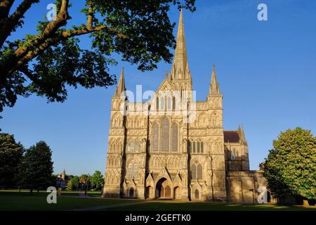 Facciata occidentale ornata della Cattedrale di Salisbury poco prima del tramonto a Salisbury, Wiltshire, Inghilterra Foto Stock