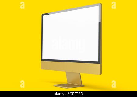 Schermo del computer giallo realistico isolato su sfondo giallo. Rendering 3D del monitor dorato per lo spazio di lavoro di studio domestico Foto Stock