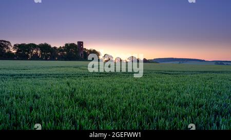 Lordington, Regno Unito - 14 giugno 2021: Alba estiva sulla campagna del West Sussex vicino al Ratton Monument, a Lordington nel South Downs National Park Foto Stock
