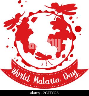 Il logo o la bandiera della Giornata Mondiale della malaria con la zanzara sulla terra illustrazione del segno Illustrazione Vettoriale