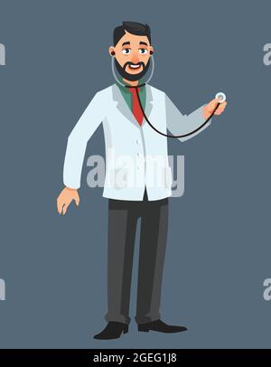 Stetoscopio medico in possesso. Uomo in stile cartone animato. Illustrazione Vettoriale