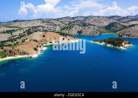 Veduta aerea dell'isola di Tongo e del parco nazionale di Butrint, Albania, Europa Foto Stock
