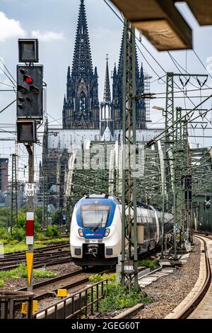 Treno locale, regionale espresso, ferrovia nazionale, arrivo alla stazione di Colonia-Deutz, Cattedrale di Colonia dietro, ponte Hohenzollern, NRW, Germania, Foto Stock