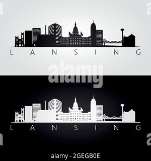 Lansing USA skyline e Landmarks silhouette, design in bianco e nero, illustrazione vettoriale. Illustrazione Vettoriale