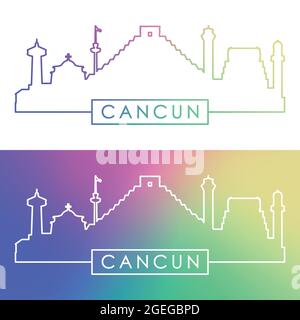 Skyline di Cancun. Stile lineare colorato. File vettoriale modificabile. Illustrazione Vettoriale