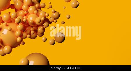 Arancione astratto bolle organiche forma sfera fluido o gocce su sfondo giallo, illustrazione 3D Foto Stock