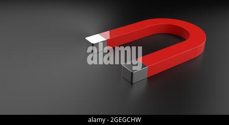 Magnete rosso su sfondo grigio scuro, attrazione commerciale o di marketing o concetto di potenza, illustrazione 3D Foto Stock