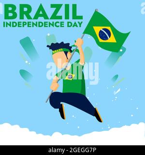 Uomo con bandiera brasiliana che corre sopra la nuvola adatto per il Brasile Independence Day Illustration Illustrazione Vettoriale