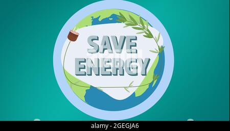 Composizione del testo di risparmio energetico e logo di piante e candele su globo su sfondo blu Foto Stock
