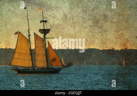 Foto d'epoca della sorpresa HMS una replica del 18 ° secolo Royal Navy fregate Rose sulle acque di San Diego Bay in California, Stati Uniti. Foto Stock