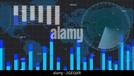 Immagine dell'elaborazione dei dati finanziari e della scansione dell'ambito sulla mappa mondiale Foto Stock