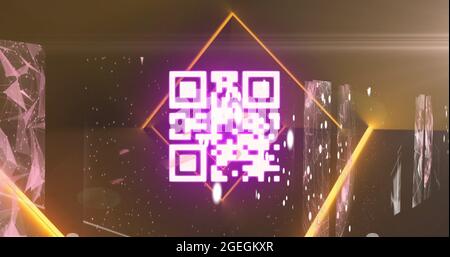 Scanner di codici QR con elementi neon contro schermi di reti di connessioni Foto Stock