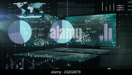 Immagine dell'elaborazione delle statistiche e dei dati finanziari sugli schermi della mappa mondiale Foto Stock