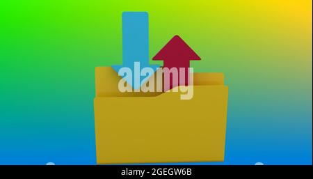 Immagine digitale dell'icona della cartella di download e upload su sfondo blu e giallo Foto Stock