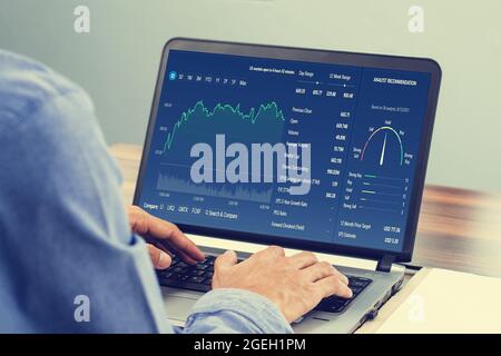 Uomo che usa il commercio del calcolatore in linea, investimento dell'uomo nel commercio di borsa Foto Stock