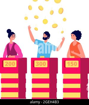 Vincitore del programma TV. Programma di gioco quiz a quiz a quiz a quiz a quiz a quiz, competizione per giocatori isolati. Giovane uomo piatto sotto la pioggia di soldi. Concetto vettoriale di ipotesi di concorso Illustrazione Vettoriale