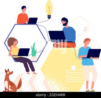 Lavoro di squadra. Gente creativa che pensa, trova l'idea. Brainstorming, avvio o creazione di progetti insieme. Freelance che fanno un vettore di lavoro di affari Illustrazione Vettoriale