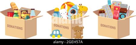 Scatole donazioni. Donare giocattoli per bambini, cibo e farmaci aiuti umanitari. Cortesia beneficenza, assistenza sociale volontaria Illustrazione Vettoriale