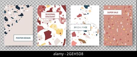 Poster terrazzo. Piastrelle spezzate astratto arte sfondo. Pietra pezzi texture sconto prezzo speciale volantini. Design creativo di carte di copertura in marmo, shopping Illustrazione Vettoriale