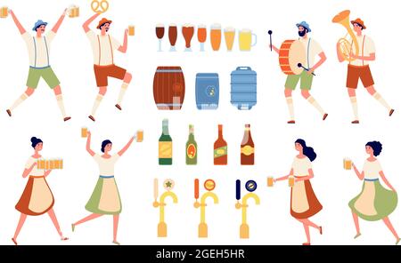 Elementi della birreria. Bevande bar, birra pub attrezzature. Prodotti alcolici artigianali isolati e imbottigliamento. Oktoberfest persone illustrazione vettoriale Illustrazione Vettoriale